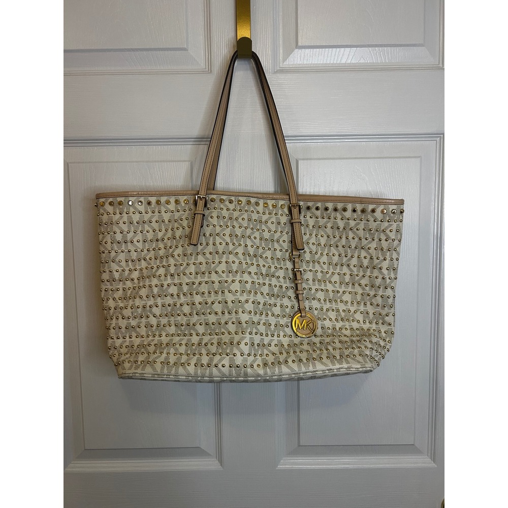 Michael Kors Jet Set Large Tote Vanilla Signature Studded Gold Hardware Bag